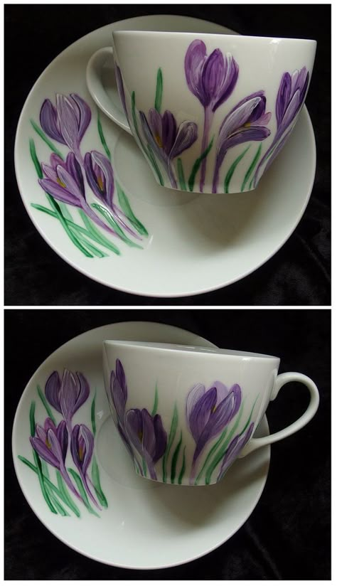 Crocus by Xantosia Painted Ceramic Plates, Painted Coffee Mugs, Glass Painting Designs, Paint Your Own Pottery, Diy Mugs, Pottery Painting Designs, Hand Painted Mugs, Hand Painted Wine Glasses, Painted Cups