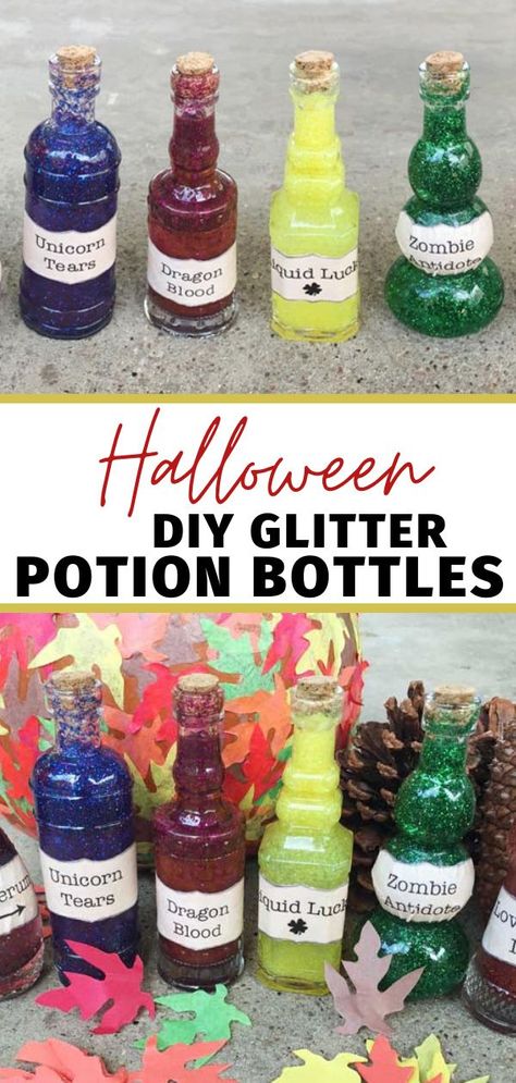 Halloween Potion Decorations, Witches Bottles Diy, Halloween Spells And Potions, How To Make Halloween Potions, Diy Halloween Potion Bottles Ideas, Diy Glitter Potion, Potion Sensory Bottles, Halloween Diy Potion Bottles, Diy Halloween Poison Bottles