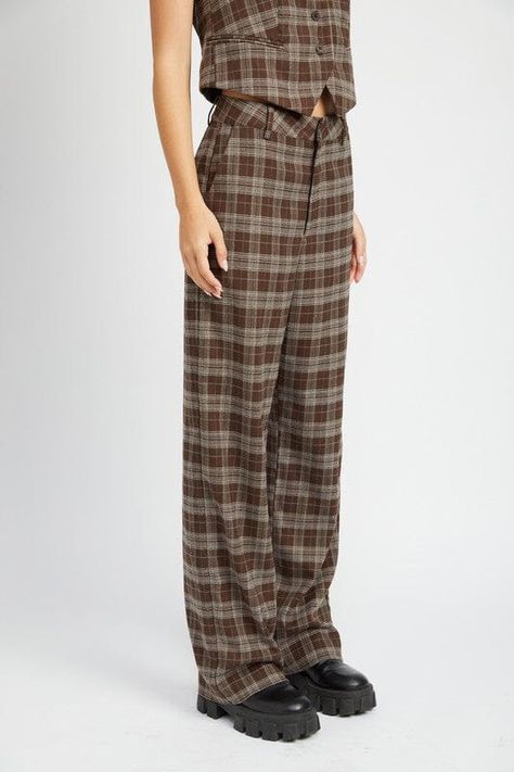 Slip on these dark brown, high-rise plaid trousers and make a statement - be it dolled up in a our matching dapper vest, or casual-cool with your go-to tee. *LISTING IS FOR PANTS ONLY* VEST AVAIL IN SEPARATE LISTING* model is 5’9” and wearing a small Fabric Contents: 80% Polyester, 15% rayon, 5% spandex * color may vary slightly due to image and screen lighting* **FREE SHIPPING** *In stock ships approx. 2-3 bus days after purchase from CA* Plaid Trousers Outfit, Button Trousers, Funky Pants, Burgundy Outfit, High Waist Trousers, Plaid Trousers, Dress With Jean Jacket, Dolman Sleeve Sweater, Cardigan Sweater Coat