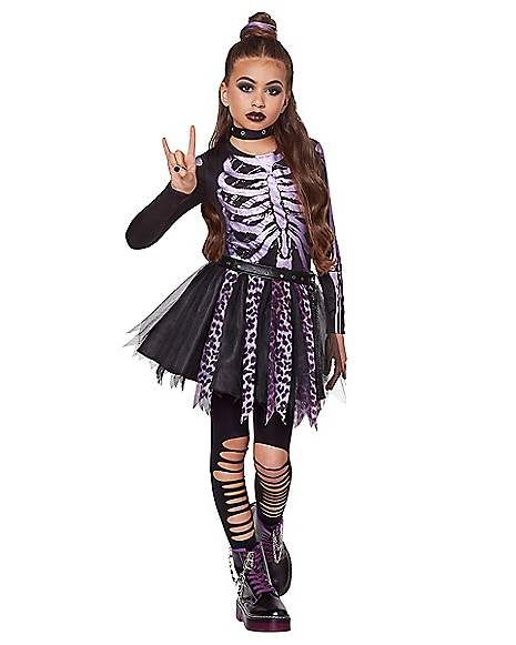 Skeleton Girl Costume, Scary Girl Costumes, Girls Skeleton Costume, Skeleton Costume Kids, Creepy Doll Costume, Zombie Costume Kids, Purple Punk, Skeleton Costumes, Rock Costume