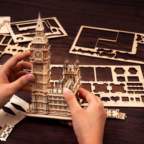 Big Ben: Set up your miniature London cityscape at home with this fun 3D laser-cut wooden puzzle project. Includes LED lights to make the finished product look even more special! • Laser-cut wood • Assembled Size: 3.9 x 4.2 x 7.5 in • Puzzle Pieces: 220 pcs Hands Craft, 3d Wood Puzzles, London Cityscape, 3d Wooden Puzzle, Dimensional Wall Decor, Laser Cut Wood Crafts, Wood Puzzles, 3d Laser, Educational Projects