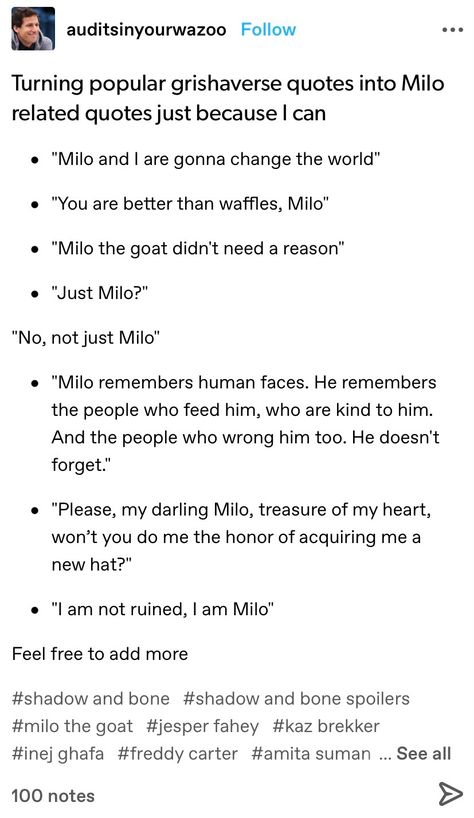 milo the goat / shadow and bone tv posts from tumblr grishaverse, six of crows, shadow and bone, netflix, milo the goat, sankt milo #shadowandbone #shadowandbonetv #shadowandbonenetflix #grishaverse #leighbardugo #milothegoat #milo #sanktmilo #grisha #sixofcrows #jesper #jesperfahey v Shadow And Bone Six Of Crows, Shadow And Bone Wesper, Milo The Goat Shadow And Bone, Milo Shadow And Bone, Shadow And Bone Kaz, Shadow And Bone Fanart Kaz Inej, Shadow And Bone Incorrect Quotes, Milo The Goat, Shadow And Bone Tumblr