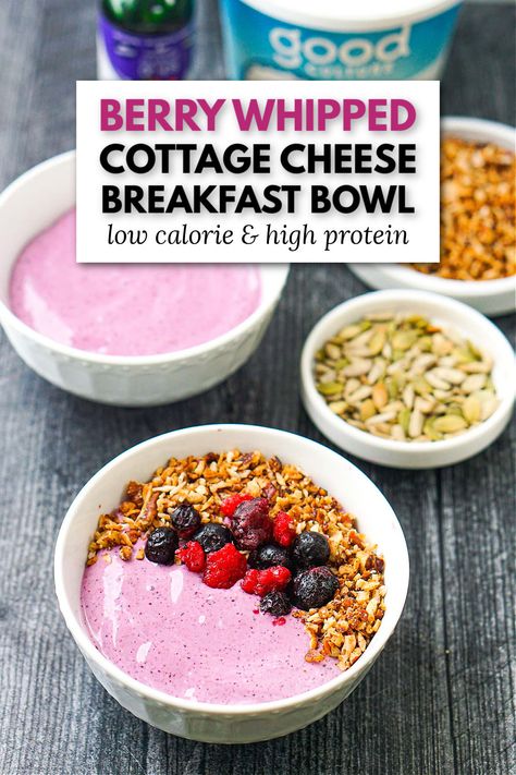 This berry whipped cottage cheese breakfast bowl is full of healthy ingredients and is lower in carbs too! The berry flavored cottage cheese is whipped to make it smooth, thick and really creamy. It's a decadent tasting breakfast, snack or even dessert that you can customize with your favorite toppings. It's a low calorie (115 calories), lower carb (9g) and high protein (14.5g protein) meal. Joyful Healthy Eats, Berry Cottage Cheese Mousse, Whipped Cottage Cheese Breakfast Bowl, Cottage Cheese Recipes For Diabetics, Sweet Low Carb Breakfast, Smooth Cottage Cheese Recipe, Low Calorie High Fiber Breakfast, High Protein Morning Snack, Healthy Breakfasts On The Go