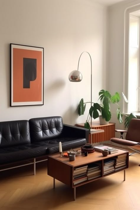 Danish Industrial Interior, House Inspo Interior Design Black And White, Minimalist 70s Living Room, Nordic Apartment Living Room, Bauhaus Small Apartment, Bauhaus Aesthetic Interior Design, Retro Minimalist Living Room, 70s Minimalism Interior, Masculine Minimalist Living Room