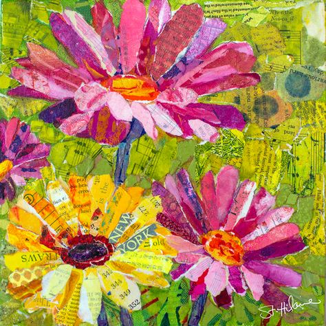 Flower Collage Painting, Daffodil Quilt, Magazine Collage Art, Collage Quilting, Scrap Quilting, Collage Quilts, Paper Paintings, Botanical Collage, Paper Mosaic