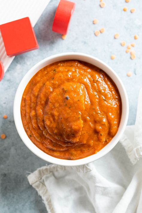 Red Lentil Pasta Sauce, Red Lentil Baby Food Recipe, Baby Pasta Sauce, Lentil Pasta Sauce, Sweet Potato Pasta Sauce, Red Sauce Pasta Recipe, Sweet Potato Sauce, Red Pepper Pasta Sauce, Red Lentil Pasta