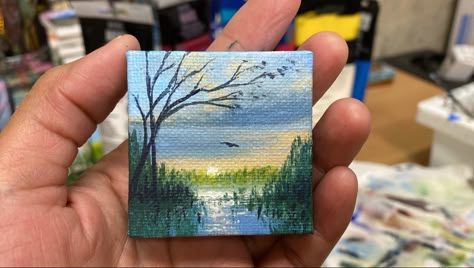 How to paint landscape in mini canvas Oil Painting On Mini Canvas, Miniature Acrylic Painting Mini Canvas, Miniature Acrylic Paintings, Realistic Paintings Acrylics, Mini Art Paintings, Tiny Paintings Ideas, Mini Landscape Paintings, Tiny Canvas Painting Ideas, Tiny Art Gallery