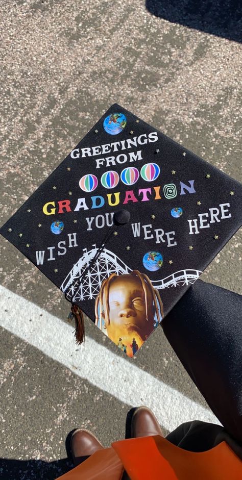 Graduation Cap Designs Rappers, Travis Scott Graduation Cap, Graduation Cap Album Cover, Graduation Cap Designs Mac Miller, Graduation Cap Designs Album Covers, Rapper Graduation Cap, The Weeknd Graduation Cap, Tyler The Creator Graduation Cap, High School Graduation Cap Designs