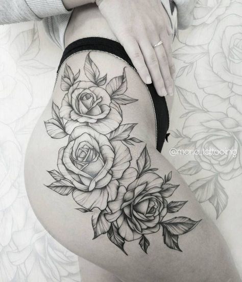 Rose Tattoo On Hip, Flower Hip Tattoos, Rose Tattoo Thigh, Sunflower Tattoo Shoulder, Flower Thigh Tattoos, Hip Thigh Tattoos, Marquesan Tattoos, Hip Tattoos Women, Sunflower Tattoos