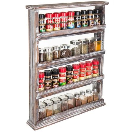 Gracie Oaks Torched Wood Wall-Mounted Spice Rack | Wayfair Jar Shelves, Essential Spices, Shelves Pantry, Torched Wood, Hanging Spice Rack, Shadow Box Shelves, Torch Wood, Wall Mounted Spice Rack, Wood Spice Rack