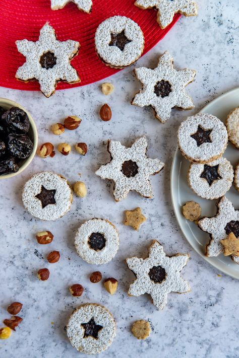 The Hazelnut and Prune Jam Linzer Cookies are a new spin on a classic cookie. Made California prunes, the cookie is a delicious combination of hazelnuts and fresh made prune jam. Prune Jam, Pistachio Shortbread Cookies, Pistachio Shortbread, Lime Curd, Roasted Pineapple, Hazelnut Chocolate, Cranberry Pistachio, Dried Plums, Linzer Cookies