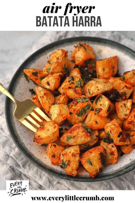 Air fryer batata harra is the best way to make this recipe for classic spicy Lebanese style potatoes. Using an air fryer guarantees deliciously crispy potatoes, and it's so much easier than oven roasting or frying! #batata #batataharra #airfryer #airfryerpotatoes #lebaneserecipes #mezze Batata Harra, Crumb Recipe, Paleo Chili, Breakfast Sides, Lebanese Recipes, Crispy Potatoes, Potato Dishes, Middle Eastern Recipes, Oven Roast