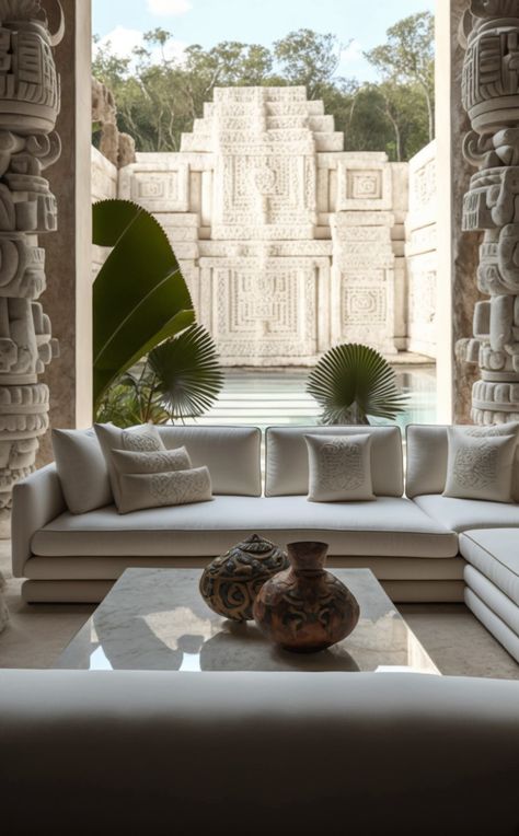 Discover serenity in this empty glass haven, blending Mayan art and architecture with warm-core comfort 🌿✨ Organic stone carvings adorn the space, alongside inspired white sofas and pillows for the ultimate sustainable sanctuary 🍃 Uncover hidden details in every corner, making this iconic design a true masterpiece. #InteriorDesign
#HomeDecor #minimalist #aesthetics
#Interiors #DesignInspiration #InteriorStyling #InteriorDecor #HomeInspiration #HomeDesign #InteriorArchitecture Mayan Interior Design, Mayan House, Mayan Decor, Maya Architecture, Mayan Architecture, Hidden House, Mayan Art, American Architecture, White Sofas