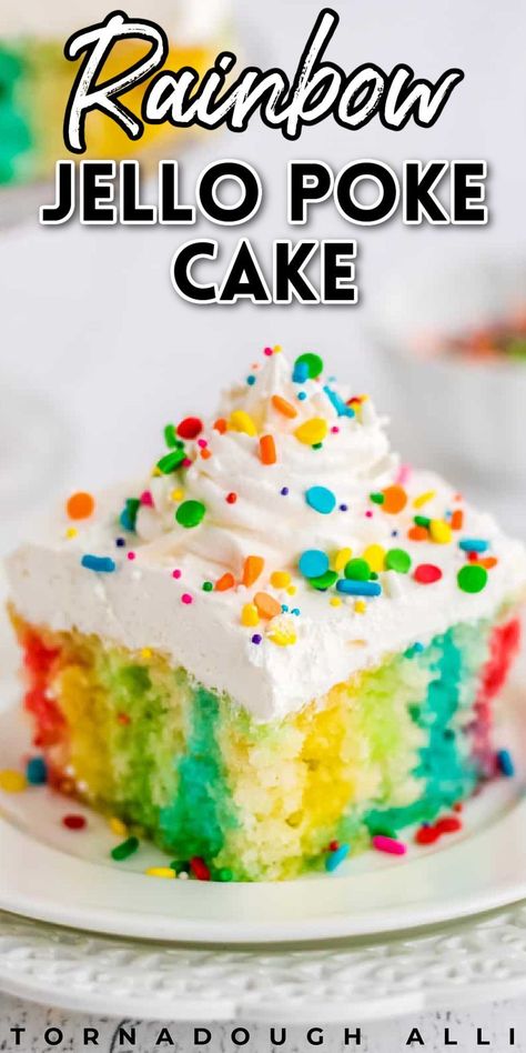 Jello Cake Recipes, Jello Poke Cake, Poke Cake Jello, Rainbow Jello, Jello Flavors, Tasty Cake, Jello Cake, Rainbow Birthday Cake, Colorful Desserts