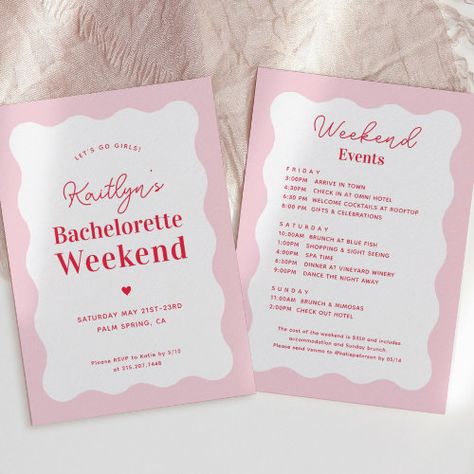 Pink and Red Wavy Bachelorette Weekend Itinerary for $3.08 - Bachelorette Invitations Pink And White Bachelorette Party, Bachelorette Card, Itinerary Invitation, Minimalist Wedding Ideas, Bachelorette Weekend Itinerary, Pink Bachelorette, Bachelorette Itinerary, Bachelorette Favors, Bachelorette Decorations