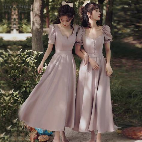 Tea Length Bridesmaid Dresses Vintage, Korean Bridesmaid Dresses, Dresses Elegant Classy, Bridesmaid Satin Dresses, Dusty Pink Bridesmaid Dresses, Pink Dress Outfits, Chinese Fancy Dress, Tea Length Bridesmaid Dresses, Bridesmaid Satin