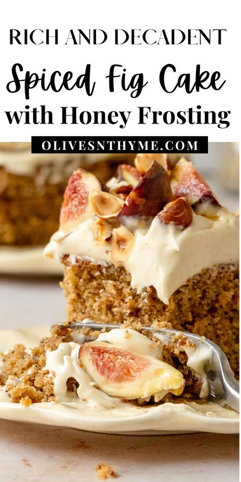 A moist hazelnut cake filled with brewed espresso, chai spice and fresh figs. This sweet and spiced cake is topped with a honey cream cheese frosting, fresh figs, honey and hazelnuts. Fig Cream Cheese Recipes, Fall Fig Recipes, Desserts With Figs, Figs Dessert, I Am Homesteader Recipes, Fig Baking Recipes, Figs Dessert Recipes, Fig Cakes, Vegan Fig Recipes