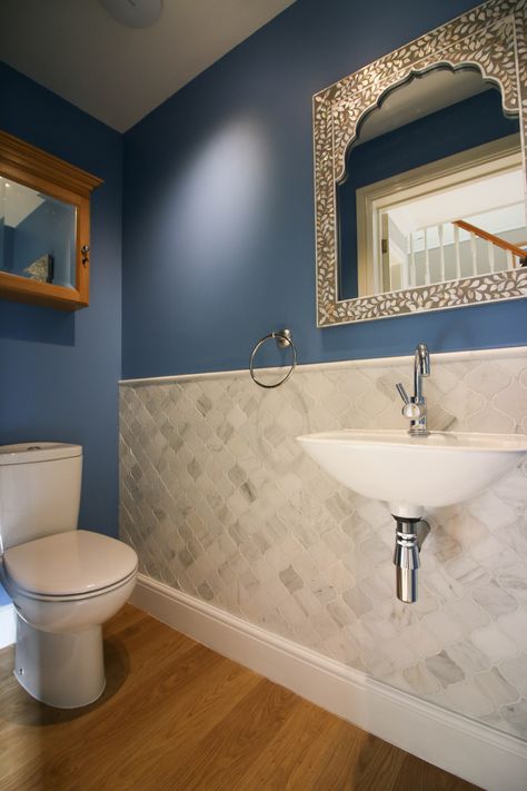 Benjamin Moore Blue Dragon, Blue Dragon Benjamin Moore, Benjamin Moore Bathroom, Benjamin Moore Blue, Arabesque Tile, Half Bath, Blue Dragon, Bedroom Paint, Benjamin Moore