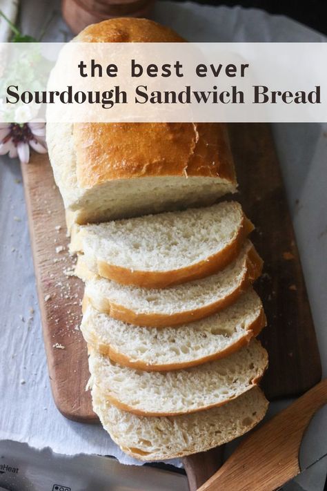 This is the best sourdough sandwich bread you'll ever make! Soft and chewy and easy for beginners, this is a great sourdough bread loaf for anything. Plus, it's long-fermented, making it gut-healthy and easy to digest. Make it into sandwiches or serve with butter and jam for an easy and delicious meal. Sourdough Sandwich Loaf Recipe, Sourdough Discard Sandwich Bread, Discard Sandwich Bread, Sandwhich Bread, Sourdough Sandwich Bread Recipe, Sourdough Sandwich Bread, Sandwich Bread Recipe, Whole Wheat Sourdough, Sourdough Bread Sandwiches