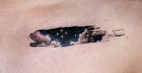 110 Stunning Collarbone Tattoos For Men And Women | Bored Panda Cloud Tattoo Collarbone, Night Sky Tattoos For Women, Paint Smear Tattoo, Collarbone Cover Up Tattoo, Night Sky Tattoo Starry, Starry Sky Tattoo, Collarbone Snake Tattoo, Collarbone Tattoo Men, Night Sky With Clouds