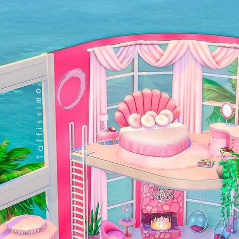 Taffissimo | Sims 4 Builds on Instagram: "Barbie Beach House using @sixamcc‘s latest CC set 🌸 Last Barbie post for now. I need a pallet cleanser 🙃 ______ #thesims #thesims4 #sims4 #sims4build #thesims4build #sims4cc #sims4ccfinds #thesims4cc #showusyourbuilds #simspiration #simstagram #barbie #barbiecore #barbiedreamhouse #interior #loft #pinkaesthetic #taffissimo" Barbie Beach House, Barbie House Sims 4, Sims 4 Barbie House, Barbie Cc Sims 4, Barbie Sims 4, Barbie Dream House Sims, Cas Background Sims 4 Pink, Sims 4 Cas Background Pink, Barbie Dreamhouse Sims 4 Cc