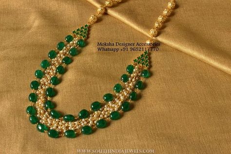 Matt+Finish+Imitation+Pearl+Necklace Layered Stone Necklaces, Emerald Mala, Green Necklace Indian, Emerald Beads Mala, Ruby Jewelry Necklaces, Mango Necklace, Kundan Necklace Set, Online Gold Jewellery, Beautiful Gold Necklaces