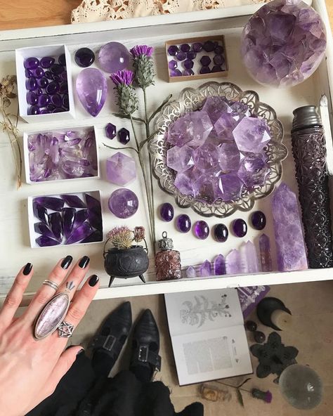 Kerin Scales ✦ Metalsmith on Instagram: “Conjuring jewels for my long-awaited upcoming collection, an ode to the beauty and power of amethyst and thistle. Does anything in…” Crystal Setup, Crystal Collection Display, Crystal Shelves, Crystal Goddess, Rock Decor, Crystal Healing Stones, Citrine Crystal, Shiny Things, Crystal Grid