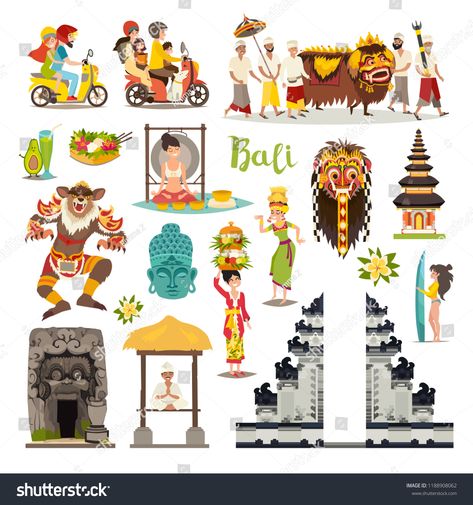 Bali landmarks vector icons set. Illustrated travel collection. Balinese traditional Temple, ethnic mask, indonesian people and tourist, Buddha drawn art sign. Isolated on white backgroundcollection#travel#Balinese#Temple Wallpaper Bali, Bali Map, Culture Day, Indonesian Art, Vector Graphics Design, Temple Art, Map Wallpaper, Design Illustrations, Art Sign