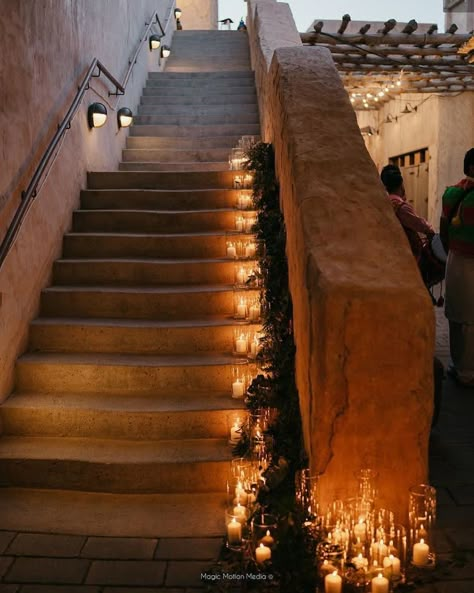 Candle Lit Staircase, Candle Walkway, Candle Staircase, Candle Stairs, Al Seef Dubai, Led Candles Wedding, Mehendi Decoration, Candles Cozy, Candle Photoshoot