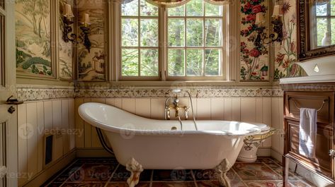 Opulent Vintage Bathroom with Clawfoot Bathtub and Floral Accents in Historic Country Estate Vintage Bathroom With Clawfoot Tub, Clawfoot Tub Drawing, Clawfoot Tub Bathroom Plants, Extra Large Clawfoot Tub, Craftsman Bathroom Clawfoot Tub, Clawfoot Tub Bathroom, Glamorous Bathroom, Clawfoot Tub, Vintage Bathroom