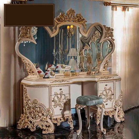 French solid wood dressing table European luxury princess dressing table home vanity mirror stool combination bedroom furniture customization Royal Dressing Table Design, Princess Vanity Aesthetic, Green Princess Room, Royal Dressing Room, Antique Dressing Table With Mirror, Baroque Vanity, Dream Cottage Interior, Rococo Vanity, Fantasy Vanity