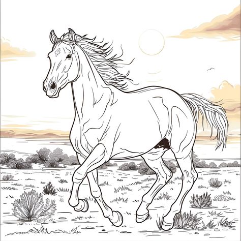 Horse galloping freely in nature (free printable PDF black-and-white line drawing coloring page suitable for all, from beginners to advanced learners, including children, teens, adults, and seniors) Coloring Pages Of Horses, Horse Coloring Pages Free Printable, Horse Line Drawing, Elsa Coloring, Horse Coloring Books, Elsa Coloring Pages, Horse Drawn Wagon, Horse Galloping, Summer Coloring Pages