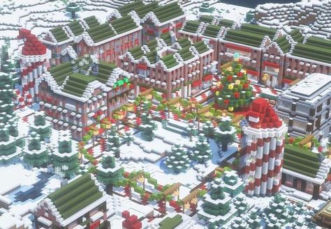 Christmas Town Square, Snow Town Minecraft, Winter Wonderland Minecraft Builds, Minecraft Snow Mountain House, Minecraft Ski Resort, Minecraft Winter Wonderland, Minecraft Snowy Village, Minecraft Winter Village, Minecraft Winter Cottage