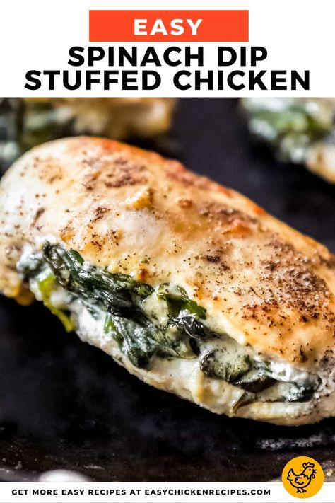 Spinach Stuffed Chicken Breast is a simple recipe that's healthy (around 400 calories per chicken breast), made in under 30 minutes, and done in just ONE PAN! Chicken stuffed with simple spinach dip is one of our all-time favorite easy chicken recipes. 3 Ingredient Chicken Recipes, Easy Stuffed Chicken Recipes, Spinach Stuffed Chicken Breast Recipes, Spinach Stuffed Chicken Breast, Spinach Dip Easy, Cheesy Baked Chicken, Stuffed Chicken Breast Spinach, Delicious Chicken Dinners, Cheese Stuffed Chicken Breast