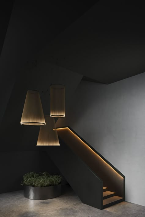 Stair Rail, Minimalist Japanese, Open Staircase, Long Dining Table, Stair Lighting, Yanko Design, Hotel Lobby, Light Installation, Minimalist Interior