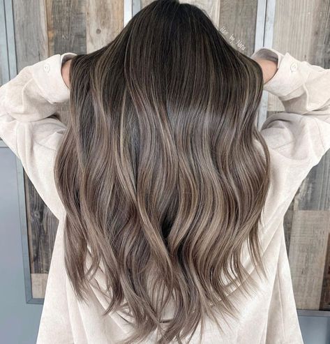 Long Hair Dyed Ash Brown 6aa Hair Color, Ash Brown Balayage On Brown Hair, Walnut Hair Color Brown, Long Haircut For Thinning Hair, Brown Hair With Pops Of Blonde, Cool Tone Hair Color Brunettes, Mushroom Ash Brown Hair, Cool Brunette Hair Color Ash Brown, Long Ash Brown Hair