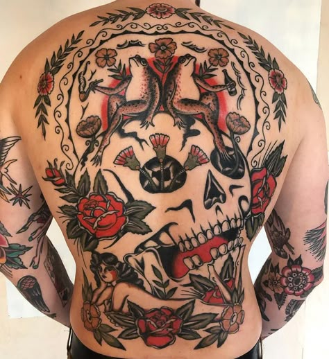 Trad Backpiece Tattoo, Trad Back Tattoo, Back Tattoo Traditional, Traditional Back Piece Tattoo, Skull Flower Tattoo, Traditional Skull Tattoo, Traditional Flower Tattoo, Kyler Martz, Traditional Back Tattoo