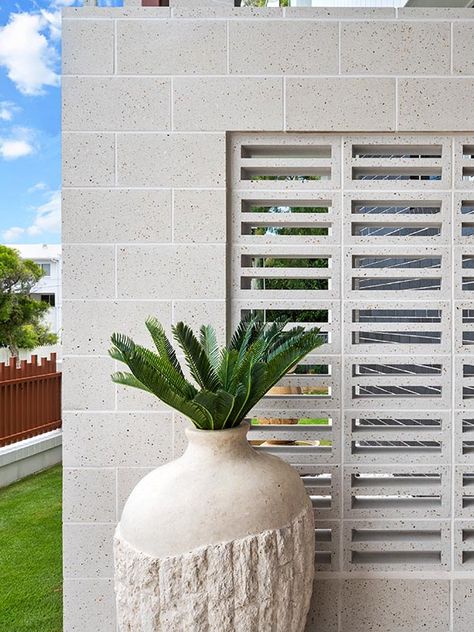 Designer Blocks NSW & QLD - Smooth, Breeze, Polished, Honed face Brick Breeze Wall, Breeze Block Front Entrance, Breeze Block Front Fence, Brick Wall Design Outdoor, White Block Wall, Breeze Block Fence, Breeze Blocks Ideas, Modern Breeze Blocks, Pavers Landscaping