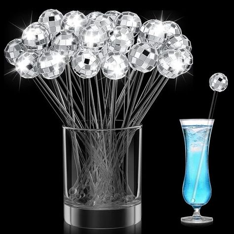 Amazon.com | Bokon 80 Pcs Disco Ball Drink Stirrer Round Top Swizzle Sticks Silver Mirror Ball Stir Sticks for Cocktail 7.7'' Plastic Coffee Cocktail Stirrers for Home Bar Bachelorette Wedding New Year Party Decor: Swizzle Sticks Disco Ball Drink, Western Centerpieces, Last Disco Bachelorette, Last Disco, Cocktail Stirrers, Disco Bachelorette, Nye Wedding, New Year Eve, Silver Party