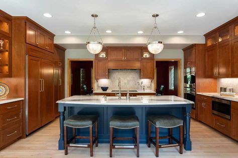 13 Ways to Modernize Cherry Cabinets For Less Cherry Kitchen Cabinets, Cherry Wood Kitchen Cabinets, Cherry Wood Kitchens, Cherry Wood Cabinets, Blue Kitchen Island, Cherry Kitchen, Cherry Cabinets, Wood Kitchen Cabinets, Home Remodel