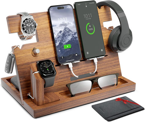 Perfect bundle: Charge & store your devices and everyday carry essentials with our wooden docking station that includes a bonus RFID blocking wallet made of vegan leather that will keep your cards and personal information protected Men Nightstand, Everyday Carry Essentials, Cell Phone Charging Station, Nightstand Organizer, Wood Docking Station, Wooden Docking Station, Phone Charging Station, Nightstand Organization, Husband Gifts