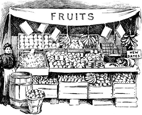 Fruit Market Fruit Shop Drawing, Fruit Stand Drawing, Market Sketch, Market Drawing, Farmers Market Drawing, Fruit Market Drawing, Market Drawing Sketches, Fruit Stand, Vegetable Vendor Drawing