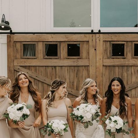 BIRDY GREY 🐥 on Instagram: "Stay neutral 🤎 Featuring bridesmaid dresses in Taupe • 👰🏼‍♀️: @taylerworswick 📸: @mecheausinaphotography #birdyinthewild #BIRDYGREY" Starry Wedding, Champagne Bridesmaid, Champagne Bridesmaid Dresses, Birdy Grey, Bridesmaids Dresses, Birdy, Toffee, Barn Wedding, Future Wedding