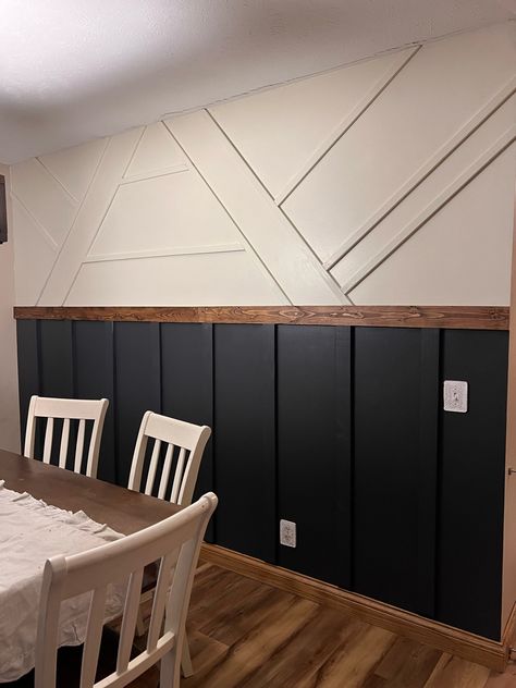 Black wall, wood wall, accent wall Black And Tan House Decor, Accent Wall Ideas Half Wall, Wood Walls With Black Trim, Black Wall With Paneling, Three Quarter Accent Wall, Farmhouse Dining Room Board And Batten, Black Accent Kitchen Wall, White Walls Black Accents Living Room, Black And Cedar Accent Wall