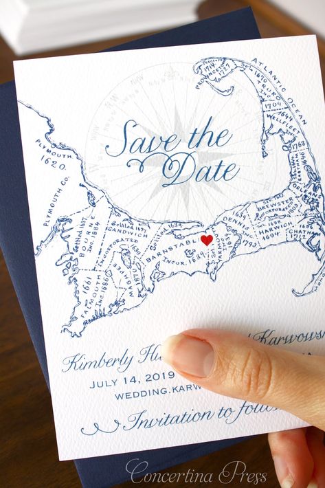 Cape Cod Save the Date personalized with a heart from Concertina Press Cape Cod Save The Date, Nantucket Save The Date, Coastal Save The Date Ideas, Nautical Save The Date, Cape Cod Wedding Aesthetic, Cape Cod Wedding Ideas, Rosarito Wedding, Provincetown Wedding, Cape Cod Wedding Invitations