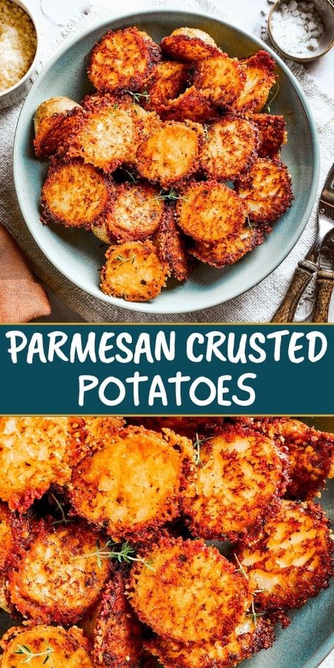 Roast Parmesan Potatoes, Crunchy Cheesy Potatoes, Cheesy Parmesan Potatoes, Potatoe Crisp Recipe, Crispy Crunchy Parmesan Potatoes Recipe, 15 Hr Potatoes, Parmesan Encrusted Potatoes, Roasted Parm Potatoes, Small Dishes Food