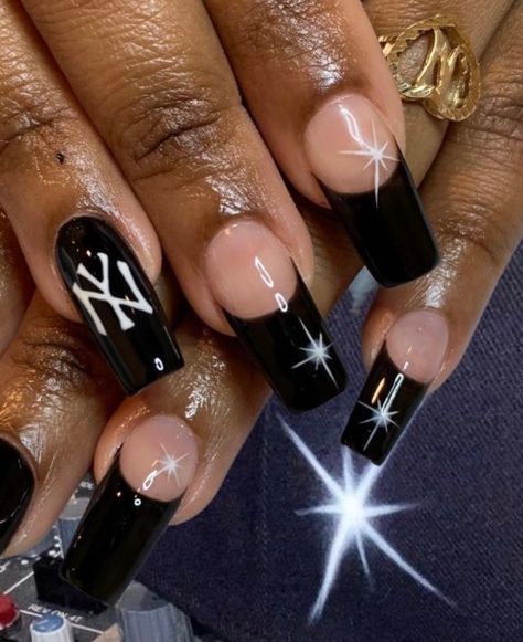 Nails Ideas Short, Ny Nails, Ny Hat, Nyc Nails, Acrylic Nails Coffin Pink, Long Acrylic, Long Square Acrylic Nails, Gem Nails, Hot Nails