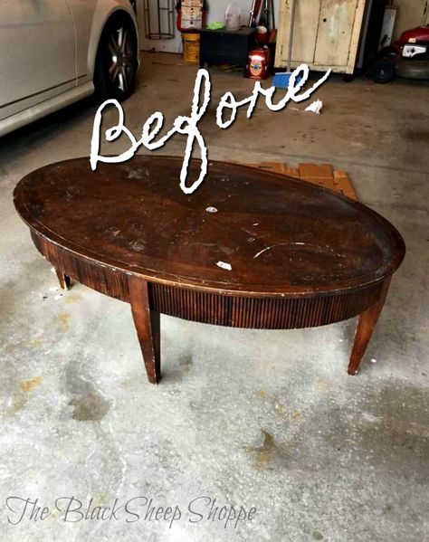 This dark and dingy thrift store coffee table is just begging for a makeover. Coffee Table Before And After Diy, Thrift Store Coffee Table Makeover, Refinish Old Coffee Table, Coffee Table Chalk Paint Makeover, Diy Coffee Table Refurbish, Chalk Painted Coffee Tables, Coffee Table Renovation, Redoing Coffee Tables, Oval Coffee Table Diy