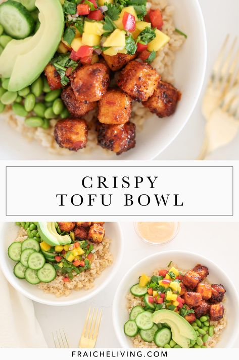 I remember the first time I ordered the Crispy Tofu Bowl from Cactus Club … uh-mazing! I have been dreaming about it ever since and finally found the time to recreate it to share with you… of course! This Crispy Tofu Bowl is loaded with delicious healthy ingredients! #tofubowl #healthyrecipe #tofubowlrecipe #bowlrecipe #healthytofubowl #healthylifestyle #crispytofubowl #crispytofurecipe Cactus Club Tofu Bowl, Crispy Tofu Bowl Cactus Club, Quinoa And Tofu Bowl, Cactus Club Salad Recipes, Crispy Tofu Rice Bowl, Air Fryer Tofu Bowl, Crispy Tofu Salad, Tofu Salad Bowl, Cactus Club Recipes