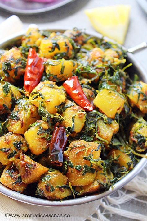 Aloo Methi Recipe | Alu Methi | Aloo Methi Ki Sabji - Aromatic Essence Aloo Methi Recipe, Kaju Curry, Methi Recipe, Methi Recipes, Dry Curry, Veg Curry, Aloo Recipes, Food Fusion, Indian Curries